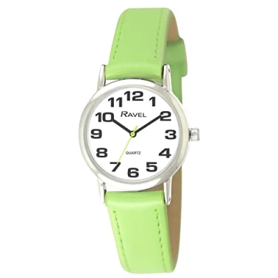 Abbildung von Ravel Damen (groß) Armbanduhr mit großen Ziffern Lindgrün/silbernes Ton/weißes Zifferblatt
