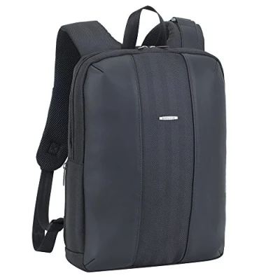Abbildung von RIVACASE leichter Laptop Rucksack bis 14 Zoll Stadtrucksack aus Polyester und Kunstleder mit extra gepolsterten Seiten ein Fach für Dokumente Tablet 10,1 / Schwarz