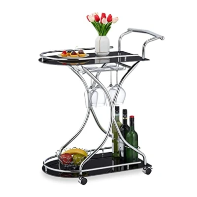 Abbildung von Relaxdays Servierwagen, 2 Etagen, Flaschen &amp; Gläserhalter, Glas Chrom, HBT: 88x76x49 cm, Küchenwagen, schwarz/Silber