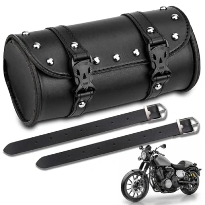 Abbildung von Wzhtuzi Leder wasserdichte Satteltasche, Motorrad Runde Satteltaschen, PU Werkzeugtasche, Motorradtasche, mit 2 Riemen, Schwarz
