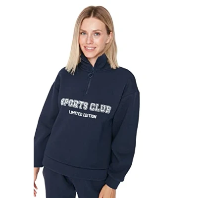 Abbildung von TRENDYOL Damen Turtleneck With Slogan Regular Sweatshirt, Navy Blue, XS EU