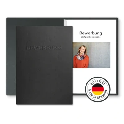 Abbildung von 10 Stück 2 teilige Bewerbungsmappen mit 1 Klemmschiene in feinster Lederstruktur und hochwertiger Prägung „BEWERBUNG“ (Schwarz, Stück)