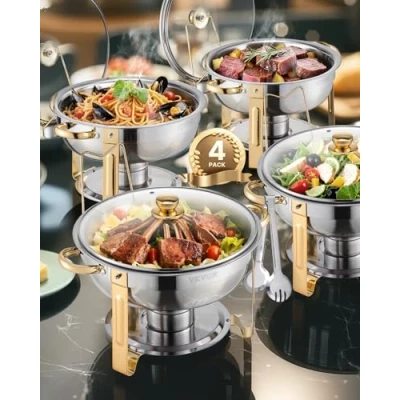 Abbildung von VEVOR Chafing Dish Set Buffet Speisenwärmer 4,7L Gold Glasdeckel Rund Party
