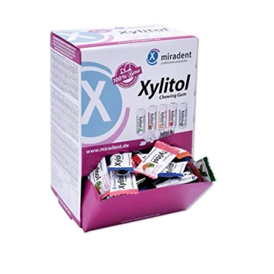 Abbildung von miradent Xylitol Kaugummi Schüttbox 200x zuckerfreies Zahnpflegekaugummi für Kinder &amp; Erwachsene vegan kariespräventiv