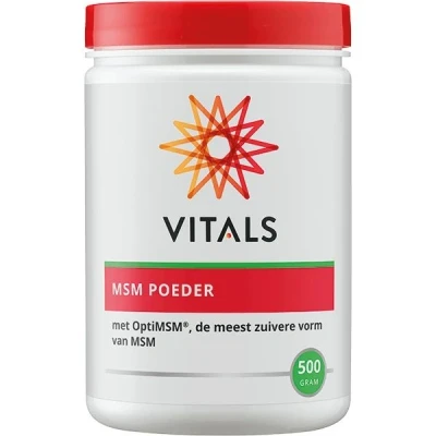 Abbildung von Vitals MSM Pulver 500 Gramm mit OptiMSM, der reinsten Form von MSM. 100% reines ohne Zusatzstoffe. Vegan. Am meisten in Wissenschaft und Forschung eingesetzt