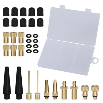 Abbildung von ALXBSONE 35 Stück Fahrradventil Adapter, Adapter Set, DV SV AV Französisches Ventil mit Kegel Adaptern und Ballnadeln, für Alle Fahrradventile