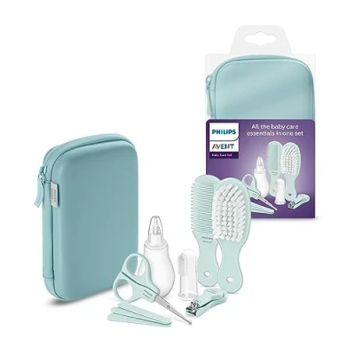 Abbildung von Philips Avent Babypflegeset, Nagelzange, Schere, 3 Feilen, Kamm, Haarbürste, Nasensauger und Fingerzahnbürste (Modell SCH401/00)