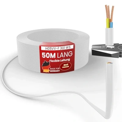 Abbildung von MAS Premium Von 5 bis 100m Kunststoffschlauchleitung H05VV F 2, 3 oder x0,75; x1; x1,5 x2,5 und 4G0,75 Flexible Leitung Kabel Gerätekabel (H05VV 3G1 WS, 50m)