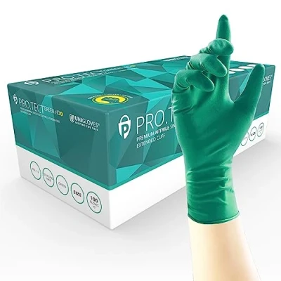 Abbildung von UNIGLOVES PRO.TECT Green HD+ Nitril Einweghandschuhe mit verlängerter Manschette, ultra strapazierfähig, Einmalgebrauch, multifunktional, puderfrei, Box 100 Handschuhen, Größe S (GA0092)