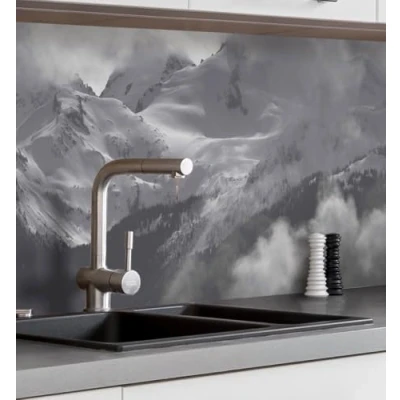 Abbildung von MyMaxxi Selbstklebende Küchenrückwand Folie ohne Bohren Motiv Berge schwarz weiß 60cm hoch Klebefolie Wandbild Küche Wand Deko Landschaft 180 x