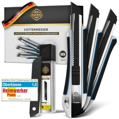 Abbildung von KRAFTFELS Profi 3er Set Robustes Cuttermesser 18mm inklusive 10 extrem scharfen Klingen Rutschfestes Cutter &amp; Universalmesser Teppichmesser Heimwerker