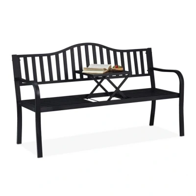 Abbildung von Relaxdays Gartenbank mit klappbarem Tisch, 3 Sitzer, stabil, Garten, Metall Balkonbank, HBT 89 x 150 58,5 cm, schwarz