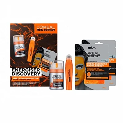 Abbildung von L&#039;Oréal Paris Men Expert Energiser Discovery Geschenkset für Männer, Anti Ermüdungs Feuchtigkeitspflege, 50 ml, revitalisierender Augen Roll On 10 ml und Recharging Tissue Mask 30 g, Hydra Energetic
