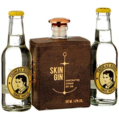 Abbildung von Skin Gin Handcrafted German Geschenkbox + Thomas Henry Tonic Water Manufaktur aus dem Alten Land Koriander Grapefruit Limetten 42% 900ML Reptile Brown
