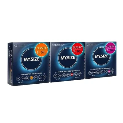 Abbildung von MY.SIZE Classic Premium Kondome 3er Probierpackung I 57, 60, 64mm Breite 3x3 Stück extra dünn gefühlsecht hauchzart dünne 0,07mm Wandstärke vegan