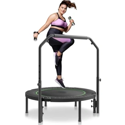 Abbildung von VEVOR Faltbares Mini Trampolin Fitness Rebounder 1027 mm, 150 kg belastbares Tainingstrampolin, Sport Gartentrampolin mit 4 stufig höhenverstellbarem Griff &amp; 32 Federn