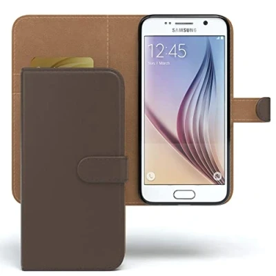 Abbildung von EAZY CASE Tasche kompatibel mit Samsung Galaxy S6 Schutzhülle Standfunktion Klapphülle Bookstyle, Handytasche Handyhülle Magnetverschluss und Kartenfach, Kunstleder, Braun