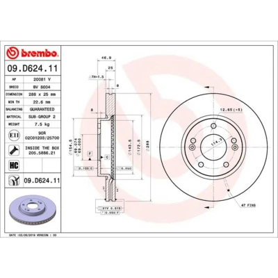 Abbildung von BREMBO 09.D624.11 Bremsscheibe 288 25 5 innenbelüftet beschichtet hochgekohlt mit Schrauben HYUNDAI: i30 III Kombi, Schrägheck