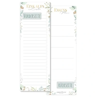 Abbildung von paper&amp;you® Einkaufsliste Block &quot;Blattgold&quot; mit Magnet, 50 Blatt im Hochformat Einkaufszettel Notizblock inkl. Essensplaner auf der Rückseite nachhaltig &amp; klimafreundlich