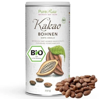 Abbildung von Kakaobohnen Criollo (Bio Roh Vegan) Ganze Kakao Bohnen Ungeröstet Als Toppings für Porridge, Backfeste Schokodrops oder zum Knabbern Theobroma Cacao Organic Raw Whole Cocoa Beans PureRaw 250g