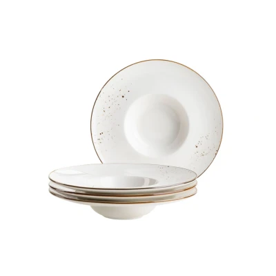 Abbildung von MÄSER Serie Pintar, hochwertiges Gourmetteller Set, 4 teilig mit Ø 26 cm, breiter Tellerrand, heller Glasur, visuellen braunen Sprenkeln und feinem Rand im Vintage Look, Porzellan