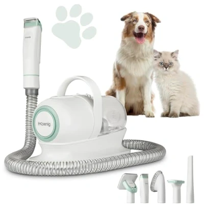 Abbildung von H.Koenig Staubsauger für Hundehaare PAW400, Hundekatzen Haarschneider, Pflege, Saugen, Schneiden und Bürsten, 9 Zubehörteile, abnehmbarer 1 Liter Behälter, 3 Sauggeschwindigkeiten, Weiß.