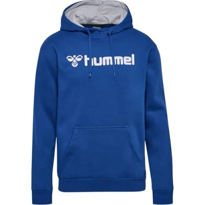 Abbildung von hummel Mover Cotton Hoodie mit Logo Unisex Kapuzenpullover Vordertasche und Shorts Kordelzug, Angenehme Baumwolle Qualität, Casual Training &amp; Sportbekleidung, True Blue (1er Pack)