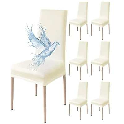 Abbildung von Poligino Stuhlhussen 6er Set Wasserdicht Stretch Universale Weich und Bequem, Stuhlbezug für Haus, Küche, Hochzeit, Restaurant, Party, Hotel, Zeremonie, Bankett Creme Weiß