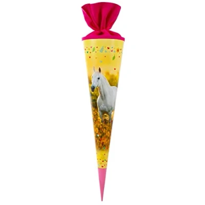 Abbildung von goldbuch 97 117 Schultüte Chiara, Einschulungstüte in Gelb mit Pferd als Motiv, Länge 70 cm, Durchmesser 19 Zuckertüte für Jungen und Mädchen, Geschenktüte aus Lackkarton Filzverschluss
