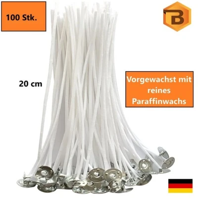 Abbildung von Bienenbiya Kerzenhalter Kerzendochte 100 Stk. 20 cm lang mit Metallfuß (100% natürlich aus Baumwolle, St., Candle Wick, Runddocht, Teelichtdochte für DIY Kerzenherstellung), Rauchfrei, ohne gefährliche Stoffe