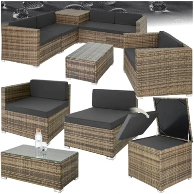 Abbildung von tectake Polyrattan Sitzgruppe mit Aufbewahrungsbox für Polster, Tisch Glasplatte, frei zu gruppierendes Gartenmöbel Set, Rattan Lounge den Garten Balkonmöbel, Balkonmöbel Kleiner Balkon