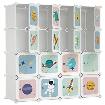 Abbildung von SONGMICS Kleiderschrank, DIY Aufbewahrungsschrank, für hängende Kleidung, Aufbewahrung, Kinder, mit 16 Würfeln, 4 Hängestangen, 123 x 41 cm, weiß LPC905W01