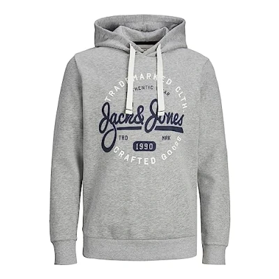 Abbildung von JACK&amp;JONES Herren JJMIKK Sweat Hood Kapuzenpullover, Light Grey Melange/Print:Big, S