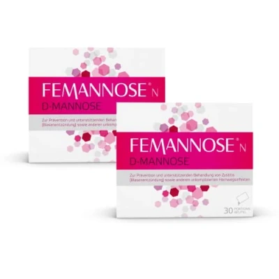 Abbildung von Femannose N 2 x 30 Trinkgranulat mit je 2000 mg D Mannose Pulver hochdosiert zur Prävention &amp; unterstützenden Behandlung von Blasenentzündung und unkomplizierten Harnwegsinfekten antibiotikafrei