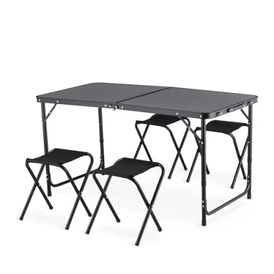 Abbildung von Campingtisch mit 4 stühlen, Verstellbare Höhe Tragbarer Klappbar Grilltisch 120 x 60 cm Tragegriff, Aluminium Klapptisch Klappbaren Hockern für Camping, Picknick, Grillen, Garten (Schwarz)