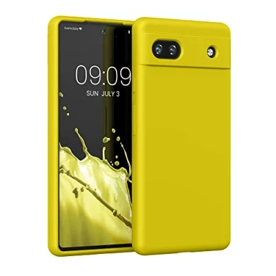 Abbildung von kwmobile Hülle kompatibel mit Google Pixel 6a Silikon Handy Case Handyhülle weiche Oberfläche kabelloses Laden Strahlend Gelb