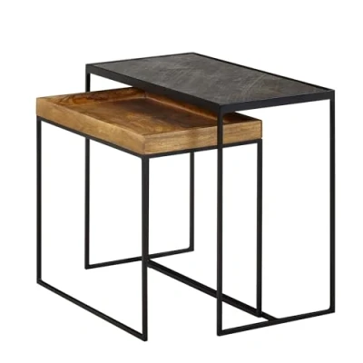 Abbildung von FINEBUY Satztisch FB79593 (Beistelltisch 2er Set Mango Massivholz Steinoptik), Wohnzimmertisch 2 teilig, Sofatisch Rechteckig