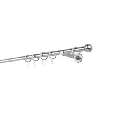 Abbildung von ondeco Gardinenstange auf Maß 20mm Ball 1 lauf Vorhangstange Wandträger 12cm Stilgarnitur mit Ringen für Vorhänge Edelstahl Optik 170cm