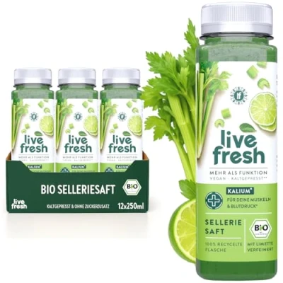 Abbildung von LiveFresh BIO Selleriesaft Kaltgepresst 97% Selleriesaft, 3% Limettensaft Ohne Zuckerzusatz Frisch gepresster Gemüsesaft mit Kalium, Calcium &amp; Vitamin K Inkl. 3 Pfand 12x250ml