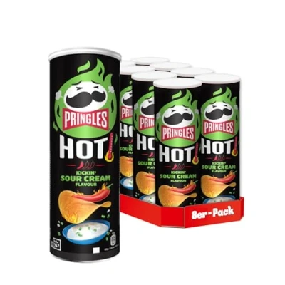 Abbildung von Pringles HOT Kickin&#039; Sour Cream Flavour (8 x 160 g) der unwiderstehliche Snack Klassiker in praktischen Dose scharfe Chips mit Geschmack Pop. Play. Eat.