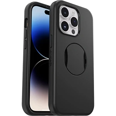 Abbildung von OtterBox OtterGrip Symmetry Hülle für iPhone 14 Pro MagSafe, Sturzsichere, schützende mit eingebautem Griff, 3X Antimikrobieller Schutz, Schwarz