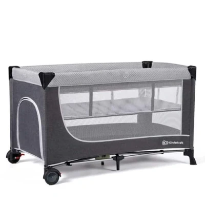 Abbildung von Kinderkraft LEODY Reisebett baby mit Schlaffläche 120 x 60 cm, Höhenverstellbar, Rollen, schnelle Auf und Zusammenklappen, Luftzirkulation, leicht zu transportieren Transporttasche, Grau