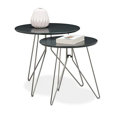 Abbildung von Relaxdays Beistelltisch 2er Set Wohnzimmertische aus Holz mit grau matt lackierten Tischplatten im Durchmesser 48 und 40 cm als Couchtisch Telefontisch in zwei verschiedenen Größen,