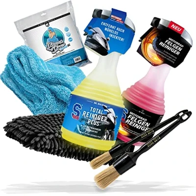 Abbildung von Motorrad Reinigung &amp; Trocknen Bundle Dr. Wack S100 Total Reiniger 0,75L + Felgenreiniger 0,5L+ Nuke Guys Gamma Dryer Trockentuch 2x Pinsel detailmate Waschhandschuh