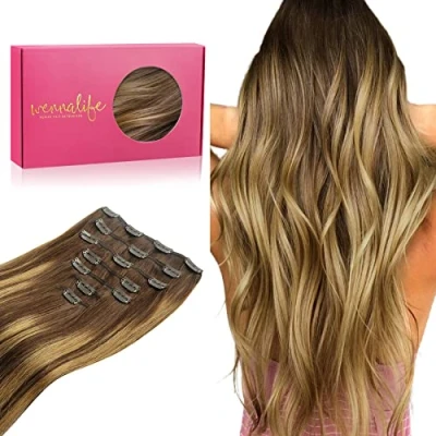 Abbildung von WENNALIFE Clip in Extensions Echthaar, 55cm 22 Zoll 120g 7pcs Balayage Schokoladenbraun bis Karamellblond Hair Echthaar Remy Haarverlängerung
