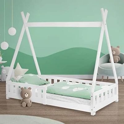 Abbildung von ML DESIGN Kinderbett Hausbett mit Rausfallschutz und Lattenrost Massivholz, Bett 80x160 Weiß aus Kiefernholz Spielbett Zelt Zaun