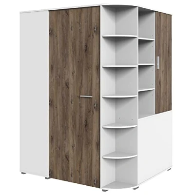 Abbildung von Lomadox begehbarer Eckkleiderschrank, Kleiderschrank mit Falttür Jugendzimmer in weiß Eiche Nb., B/H/T: ca. 124/199/148 cm