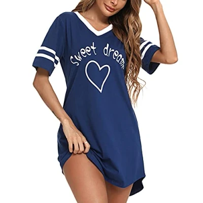 Abbildung von Litherday Nachthemd Damen Nachtwäsche Baumwolle Loungewear Nachtkleid Kurz Negligee Streifen Kurze Ärmel Sleepshirt Kurzarm V Ausschnitt Sleepwear Bequeme Freizeitkleid, Marine, M