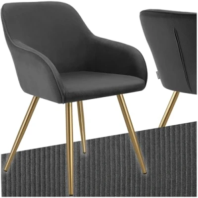 Abbildung von tectake® Esszimmerstuhl, Sessel bequem mit Armlehne, Polsterstuhl, Cord Cocktailsessel, Loungesessel für Wohnzimmer, Esszimmer, Moderne Küchenstühle, Bürostuhl anthrazit/Gold