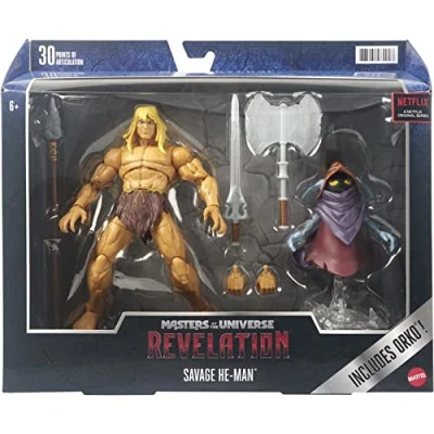 Abbildung von Masters of the Universe GYY41 MOTU Masterverse Revelation Savage He Man Deluxe Actionfigur mit 30+ beweglichen Gelenken, 3 Waffen, Gurtzeug &amp; Orko Figur &#039;schwebendem&#039; Sockel, ab 6 Jahren